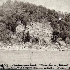 Greymouth 1867 - Boatmens huts, Whare, Wharf, Rowley's (afterwards Wylde's) house on hill - present quarry.