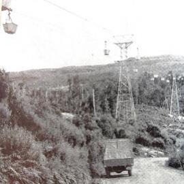 Air Cable System carrying buckets with coal from the Stockton Mine to the screens at Ngakawau.1956.