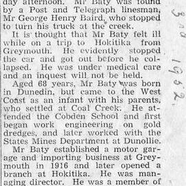T Baty  Greymouth Garage Proprietor,found dead beside car.Jan 3rd,1952.