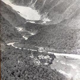 Aerial photo of the Franz Joseph Glacier and the township.1950.