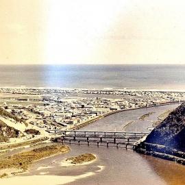 Elevated view of Greymouth's three bridges, looking down the gorge, 1970s