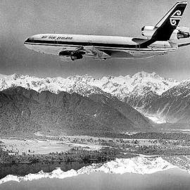 Air New Zealand aircraft flying over Lake Mapourika, Franz Josef.1976.