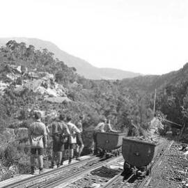 Group of unidentified schoolboys up the Taipo - this rope road ran up the north side of the Waimangaroa gorge.ca.1930`s.