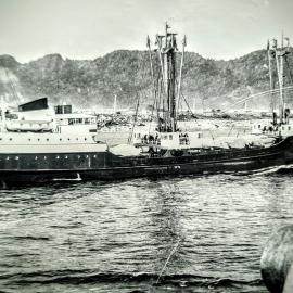  The Totara entering the Grey River with vehicles for Schaefs Garage, 1960 *PHOTO ALBUM*