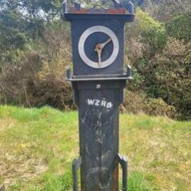 Replica grandfather clock at a rest area near the earthquake slip in the Upper Buller Gorge