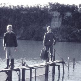 Prestidge family stand on the Taramakau river - Graeme and Martyn Prestidge.1960`s.