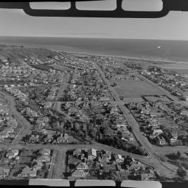 Whites Aviation aerial pic of Greymouth 1951, including Greymouth High and the Hospital