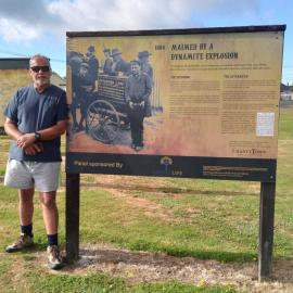 ALBUM - Kumara,Main street -  Rudolph and his brother Jack Lousich at the Kumara hall in 1897.