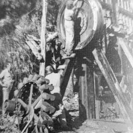 Final stages in the restoration of the Garden Gully Quartz Crushing battery - Croesus track . ca.late 1970`s.