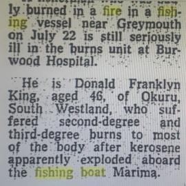 Donald Franklyn King burnt in explosion on fishing boat Marima