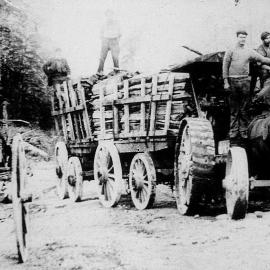  Boatmans saw mill north of Reefton, circa 1900, engine used to cart wood from the mill to Reefton.