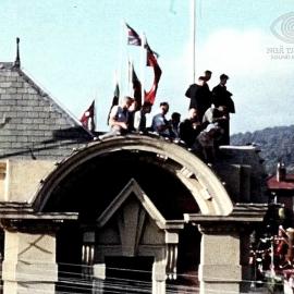 1950`s Health & Safety - people on Post Office roof.Greymouth.