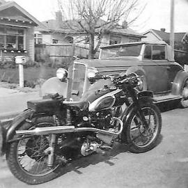 Triumph motorcycle and rare 34/35 Chevrolet convertible. Dunollie West Coast.