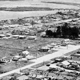 The town of Hokitika with Hokitika River and bar in the background.1939.