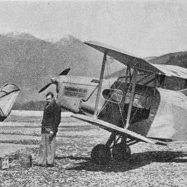 A Westland Air Service plane lands on the shingle bed of the Pariara River,for consignments of whitebait fresh from the nets.1937.