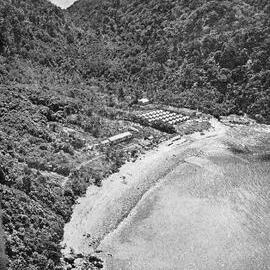 An aerial view of the bay showing the Public Works camp and location of the new wharf.Jackson Bay.