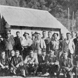 Group portrait of Public Works Department men engaged on the Jackson Bay Wharf project.1939.