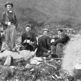 Workers lunchbreak - during construction of the West Coast road from Fox Glacier (Weheka) to Haast.