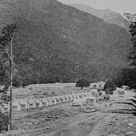 The camp at Davis Flat, in the Makarora Valley for the men working on the Haast Pass highway.1938.