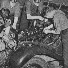 Motor-car engine provides practical work for young mechanics at Westport  District High School,1939.