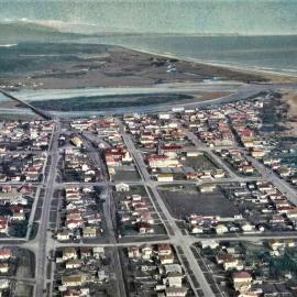 Aerial view of Hokitika including rail bridge, 1960`s.