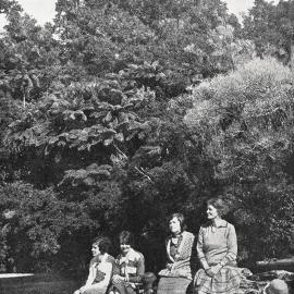 Trampers resting on a fallen log on the road beside the Fox River - south of  Westport.1930.
