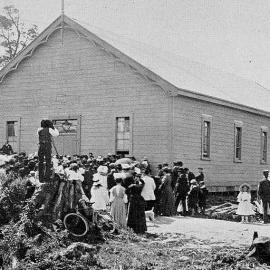 State coalminers on strike - a meeting outside the Miners' Union hall, at Runanga.1909.