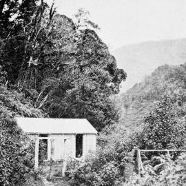 The natural hot spring bathhouse at Waiho Gorge, Westland, about two miles from Franz Josef Glacier.1919.