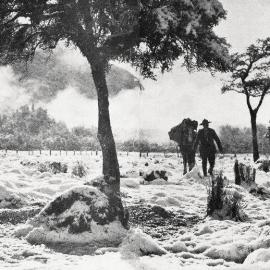  Crossing Burke Flat, on the Westland side of the Haast Pass, after a heavy fall of snow.1930.