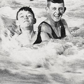 Two young holiday makers bathing in the refreshing waters of the Waiho River.1934.