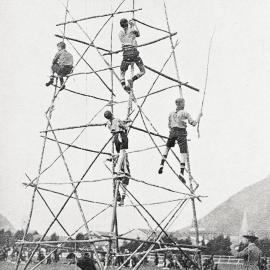 Derrick building at a combined rally of Boy Scouts and Girl Guides,Victoria Park, Greymouth.1932.