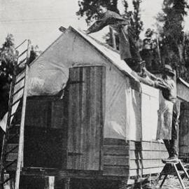 Workmen building a hut for themselves - workers on the railway through Buller Gorge.1936