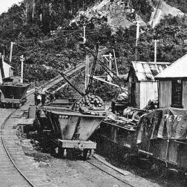 Coal trucks at the bottom of the Denniston Incline.1912.