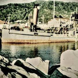 Greymouth DREDGE MAWHERA passing through the DRAW BRIDGE in the Blaketown lagoon. 1960`s.