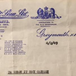Duncan McLean Ltd Greymouth -  letterhead .1949. 