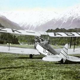 A Gipsy Moth biplane (ZK-ABQ) at Waiho ,Westland.1930`s.