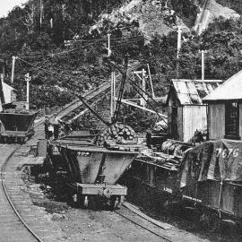 Coal trucks at the bottom of the Denniston Incline.1912.