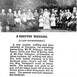 Wedding beween W Robinson and Miss McKinley,niece of Mr John Gallagher of Cronadun.
