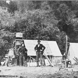 Prospector's hut, made from benzine tins, in Waiho Gorge.1924.