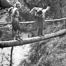 Trampers on bush bridge, Freeman River, South Westland.1939.