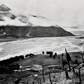 En route to the Otira Tunnel site - looking down the Waimakariri Gorge from above the Bealey Hotel.1908.
