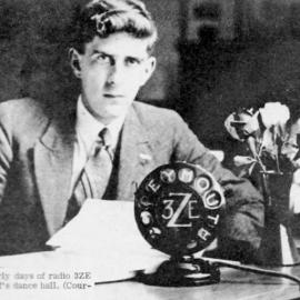 Len Schaef in his early day of Radio 3ZE in the corner of Schaefs Dance Hall..Greymouth.