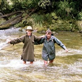 Paul Robin and Ces Clark from NZ Forest Service, walking out from Haupiri Spa Baths