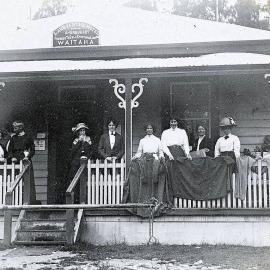 Tourists on the verandah of the Lake Ianthe Hotel at Waitaha.1913.