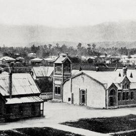 A VIEW OF WESTPORT FROM THE  FIREBELL -  THE PUBLIC SCHOOL IN THE FOREGROUND.1910.