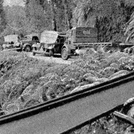 Fallen girders holding up traffic on the Weheka Road, South Westland.1939.