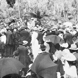 Photograph of Richard John Seddon addressing the crowd at the opening of the Hokitika / Lake Mahinapua Railway.1906.