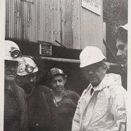Liverpool Miners talking to Minister of Energy, Rt. Hon. Rob Tizard, 1984.