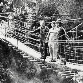  Three people brave the swing bridge in the Callory Gorge.1931.