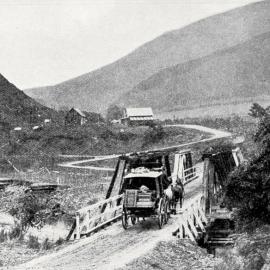The mail coach crossing the Owen River between Murchison and Nelson.1910.